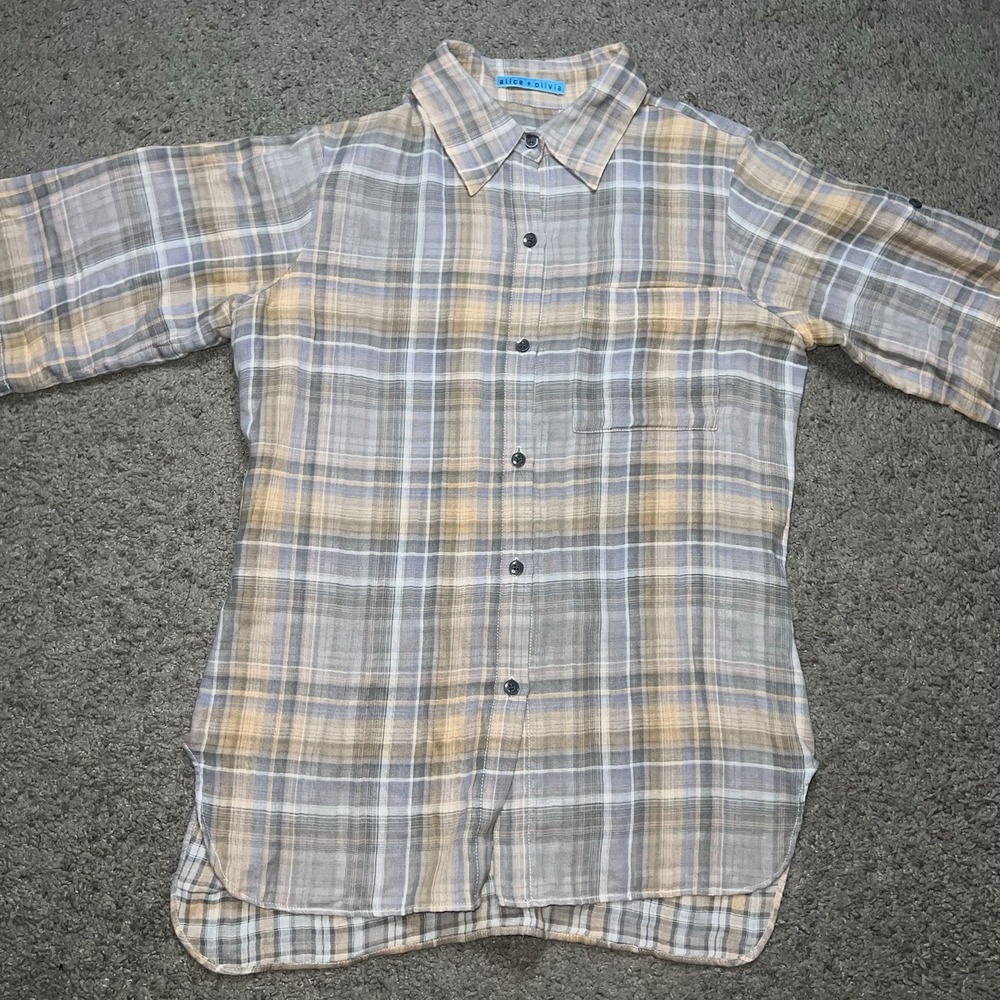 Alice + Olivia White Short Sleeve Button Down Shirt S/P Plaid